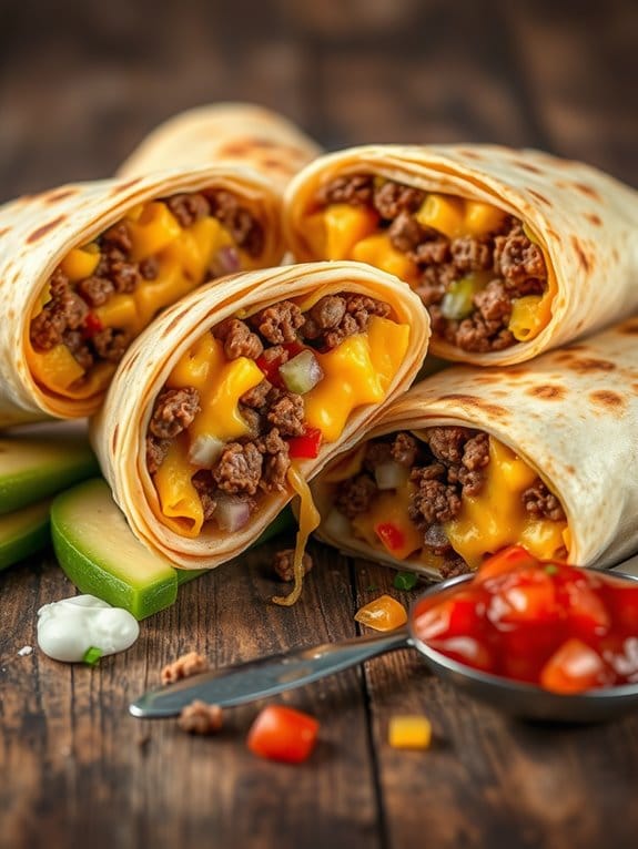 cheesy beef breakfast burritos
