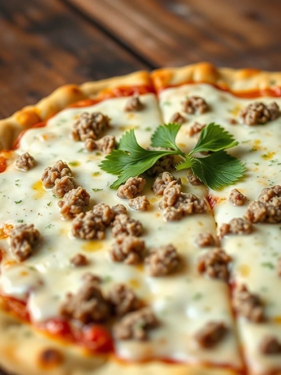 creamy beef topped pizza