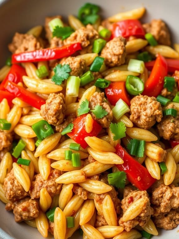 spicy pork orzo stir fry