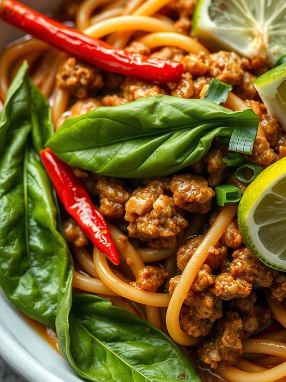 spicy thai basil pork noodles