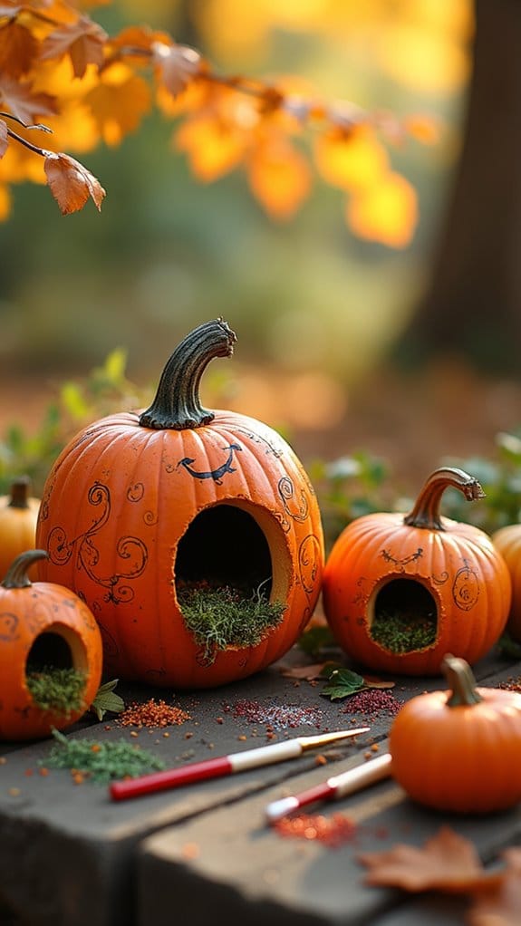 colorful pumpkin birdhouses created