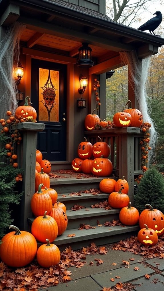 fall porch pumpkin display