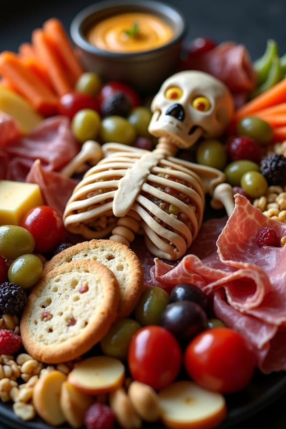 skeleton themed charcuterie board setup