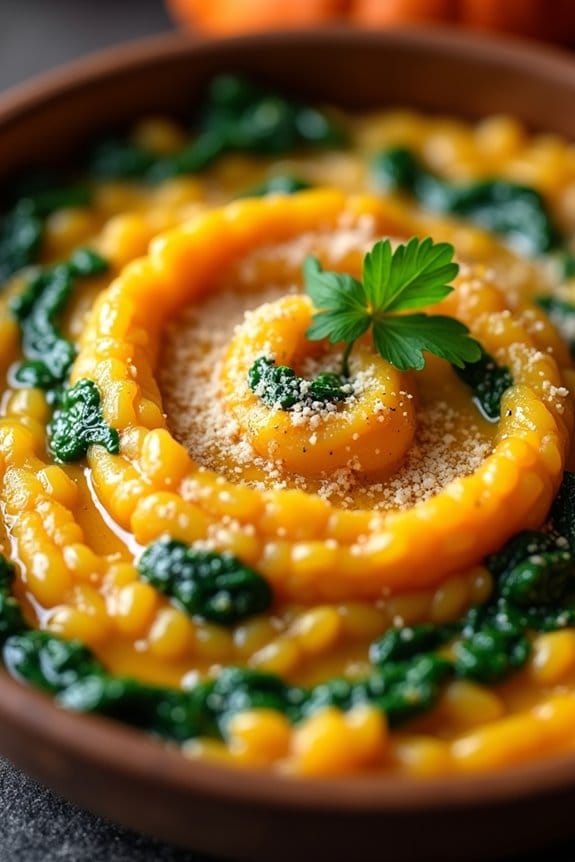 spooky pumpkin spinach risotto
