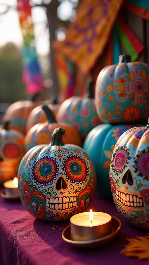 vibrant sugar skull pumpkins