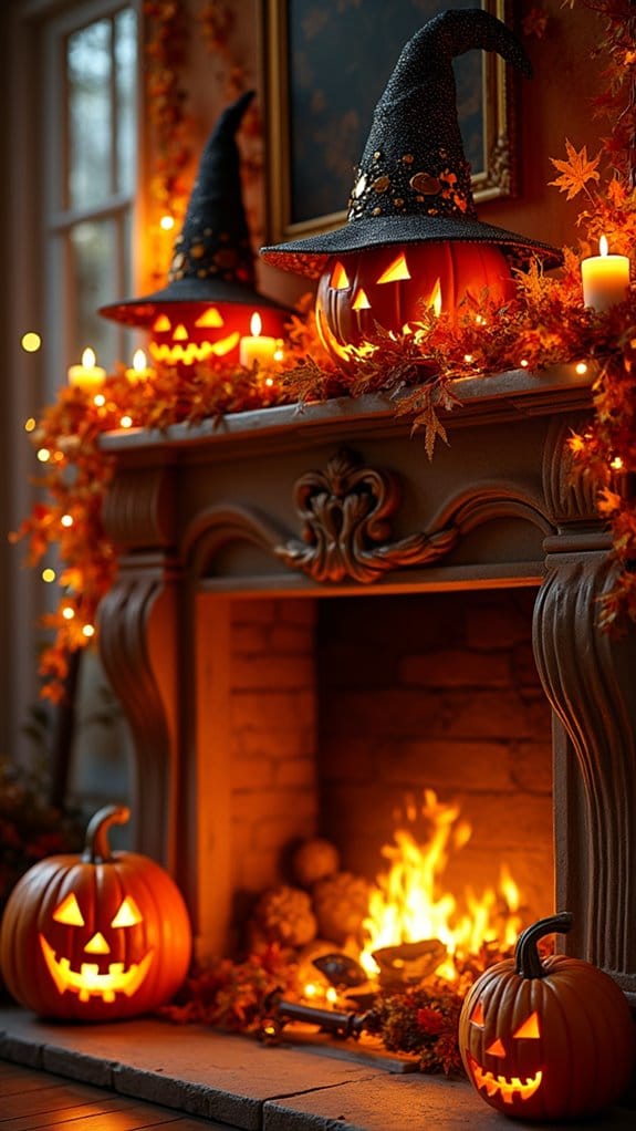 whimsical fireplace witch accents