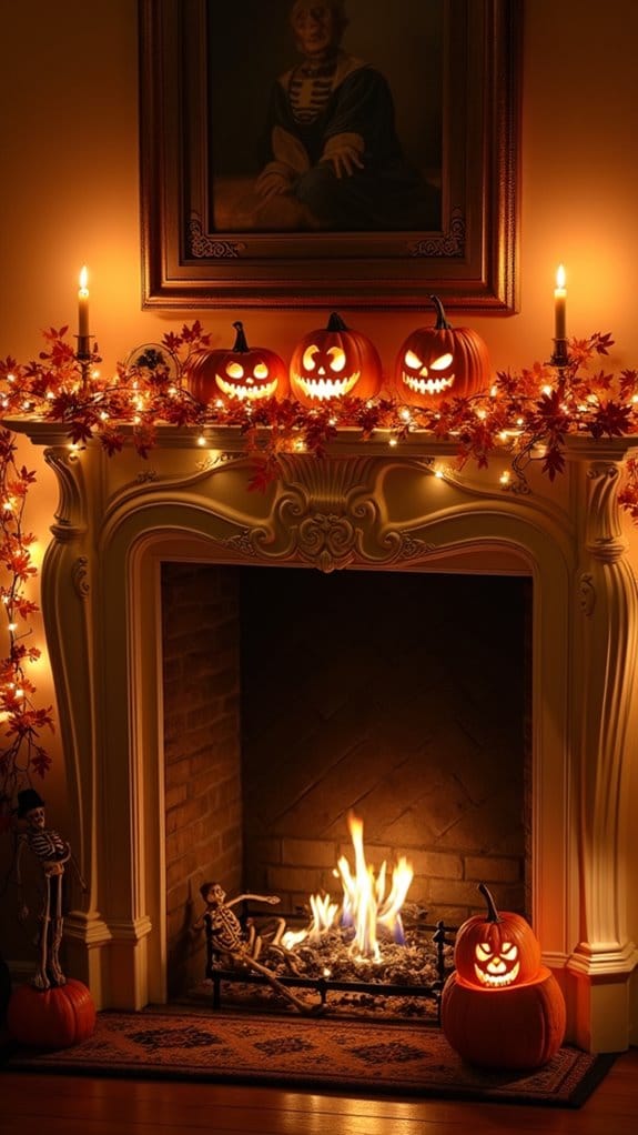whimsical skeleton fireplace decor