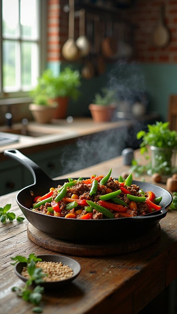 colorful beef and snow peas