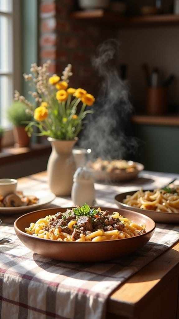 creamy breakfast beef stroganoff