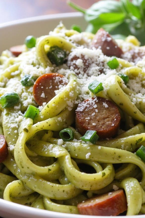 creamy pesto sausage linguine delight