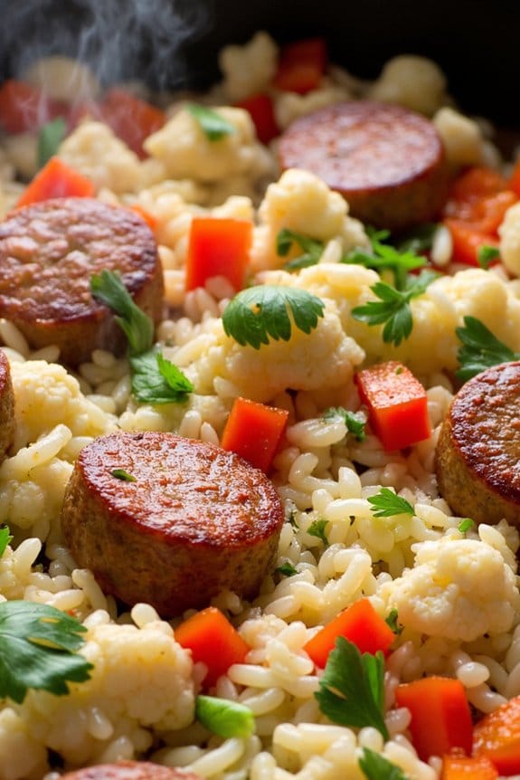 spicy sausage cauliflower rice skillet