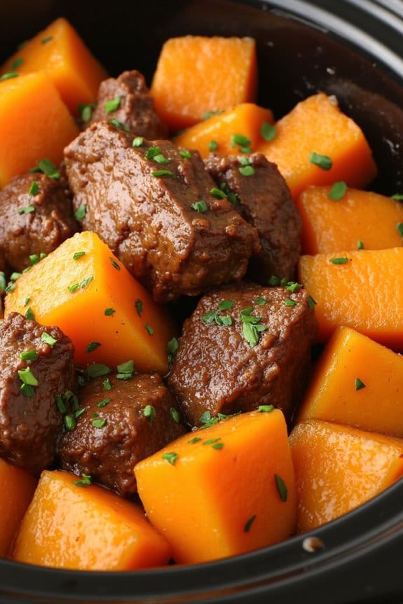 hearty slow cooked beef and sweet potatoes