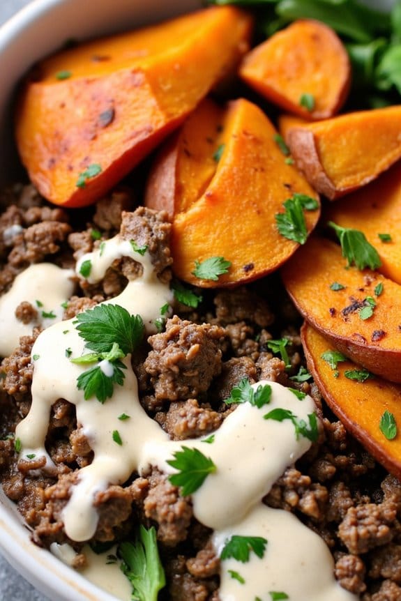 lamb sweet potatoes tahini bowl
