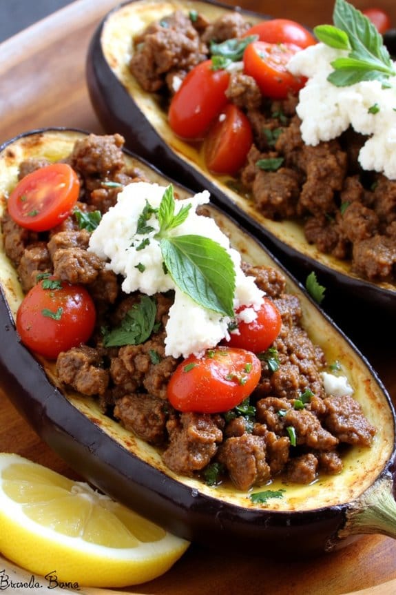 spicy lamb filled eggplant boats