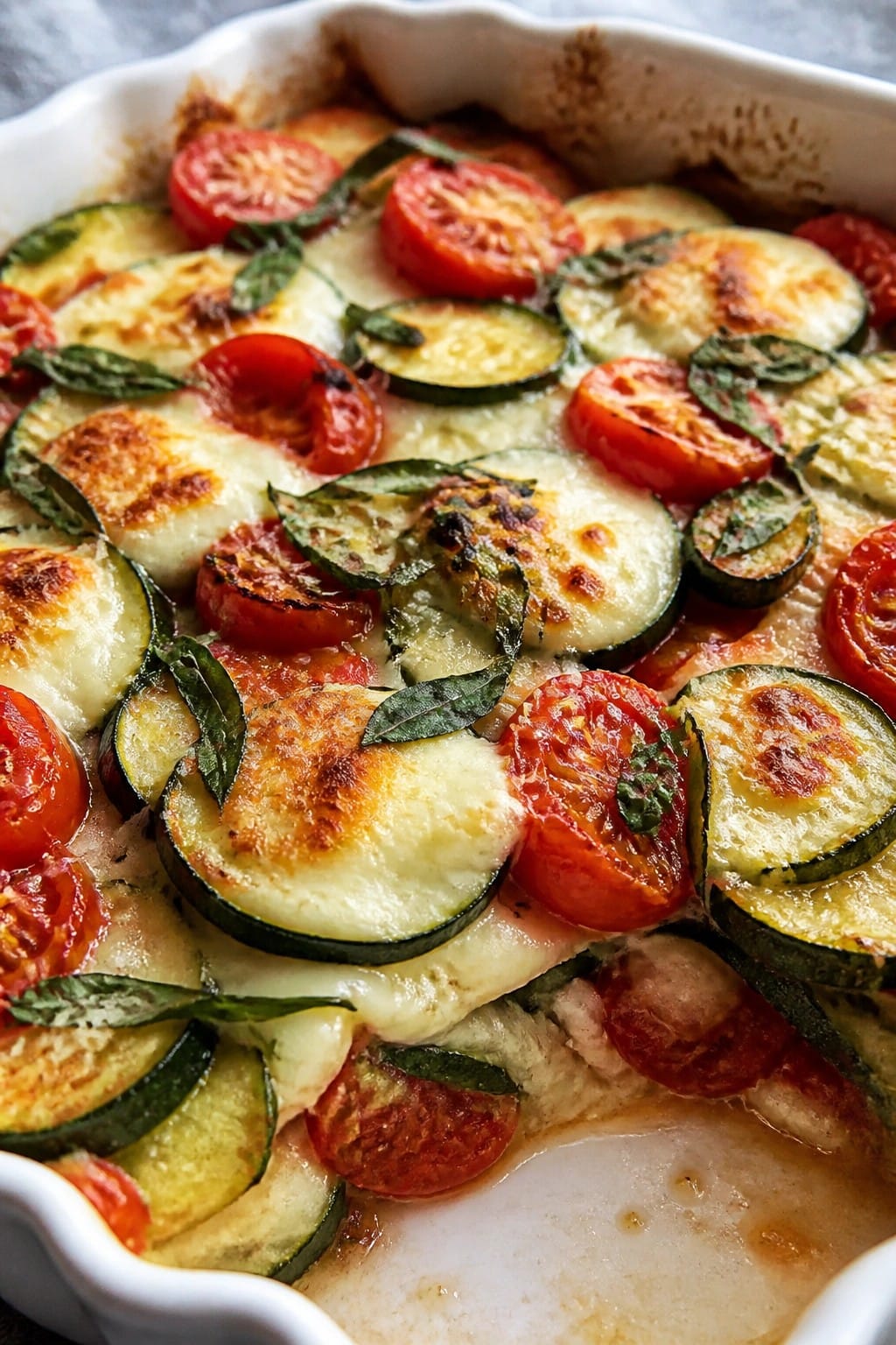 Caprese Basil Mozzarella Zucchini Casserole