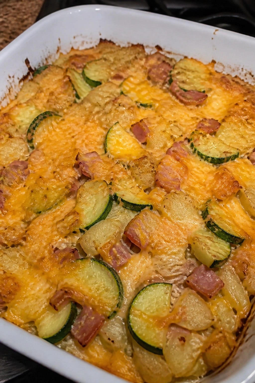 Ham Potato and Cheddar Zucchini Casserole
