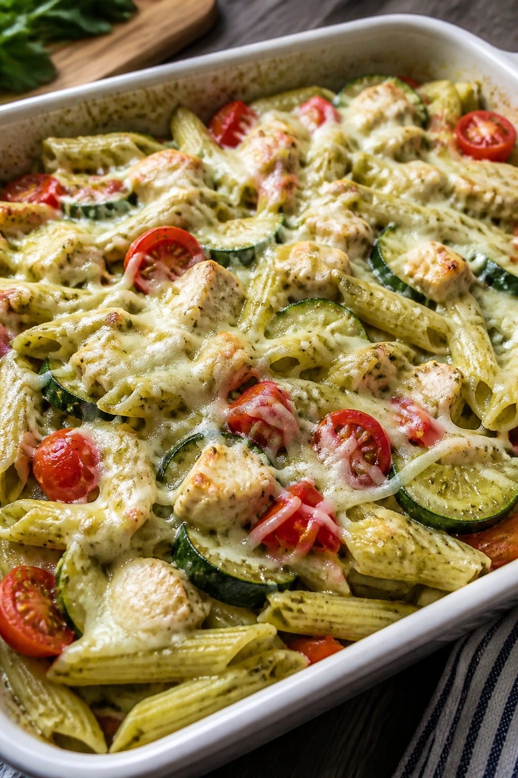 Pesto Chicken and Summer Vegetable Pasta Bake