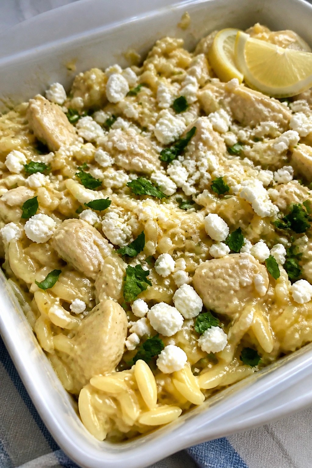 Greek Lemon Chicken Orzo Casserole with Feta