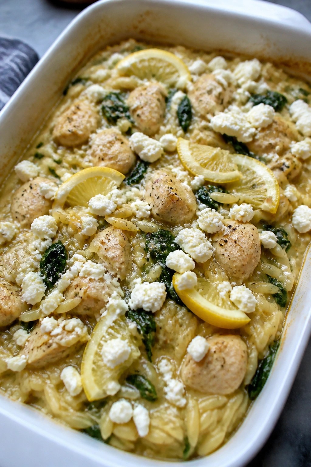 Greek Lemon Chicken Orzo Casserole with Feta