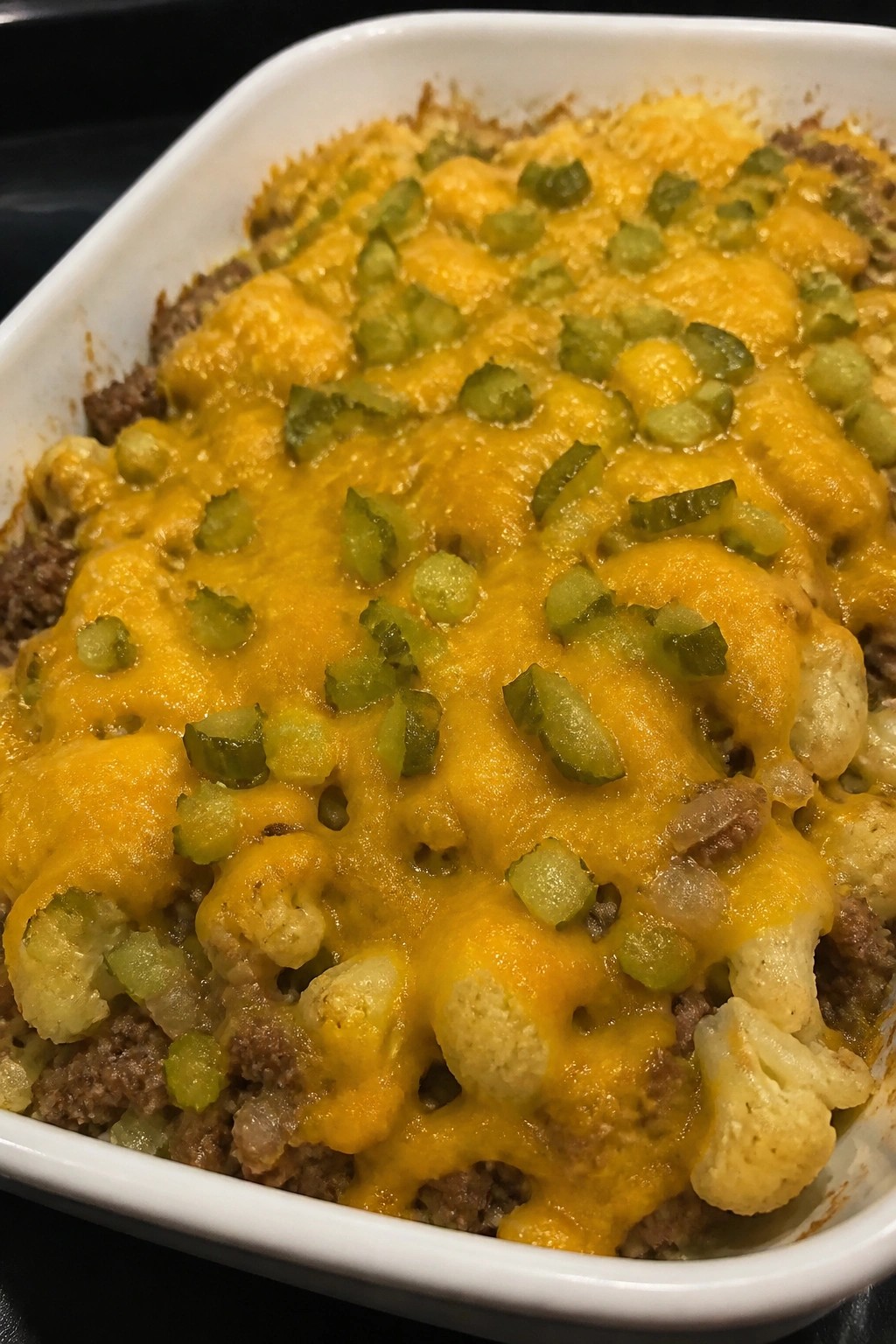 Ground Beef Cauliflower Cheeseburger Casserole