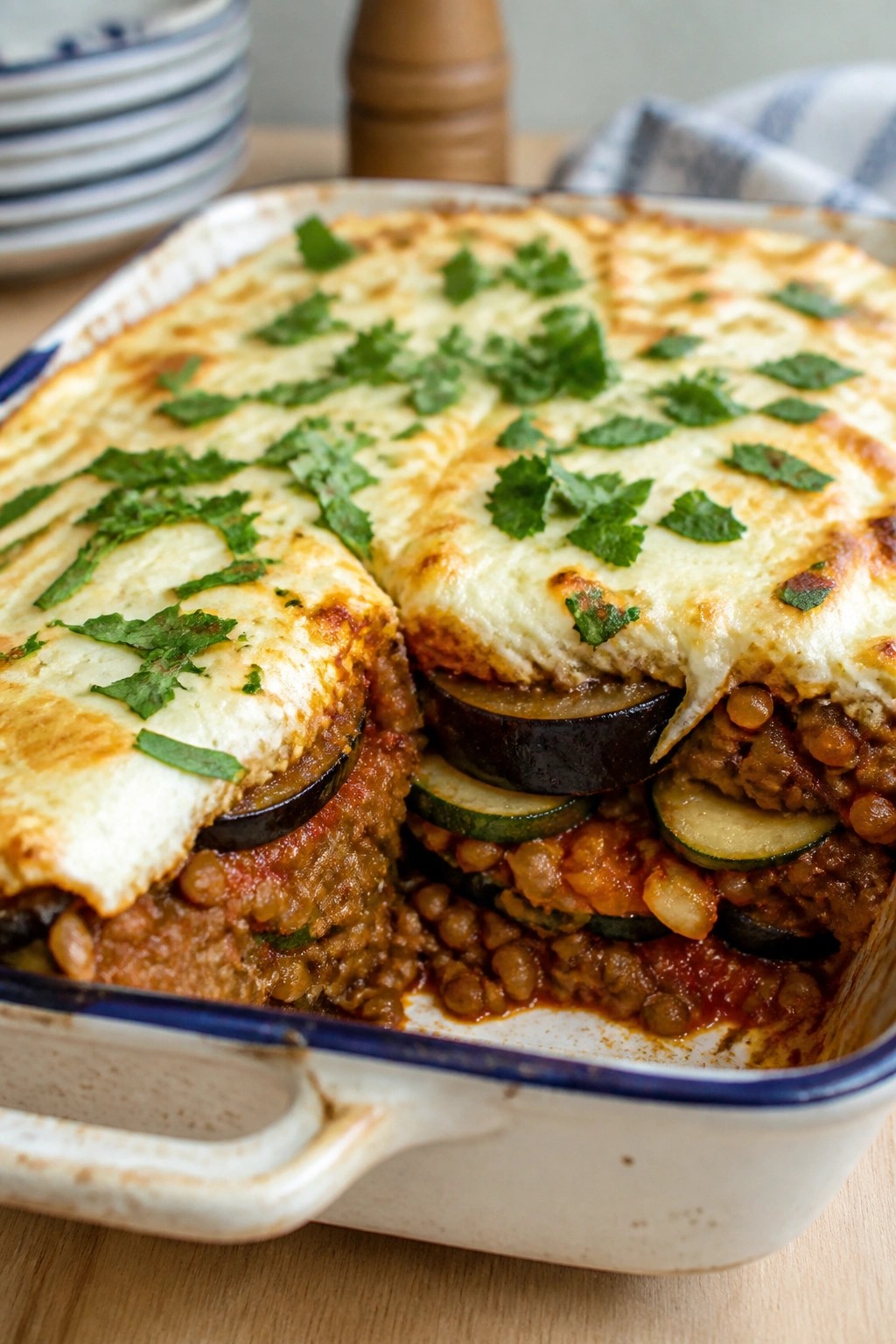 Spicy Lentil Vegetable Moussaka with Yogurt Topping