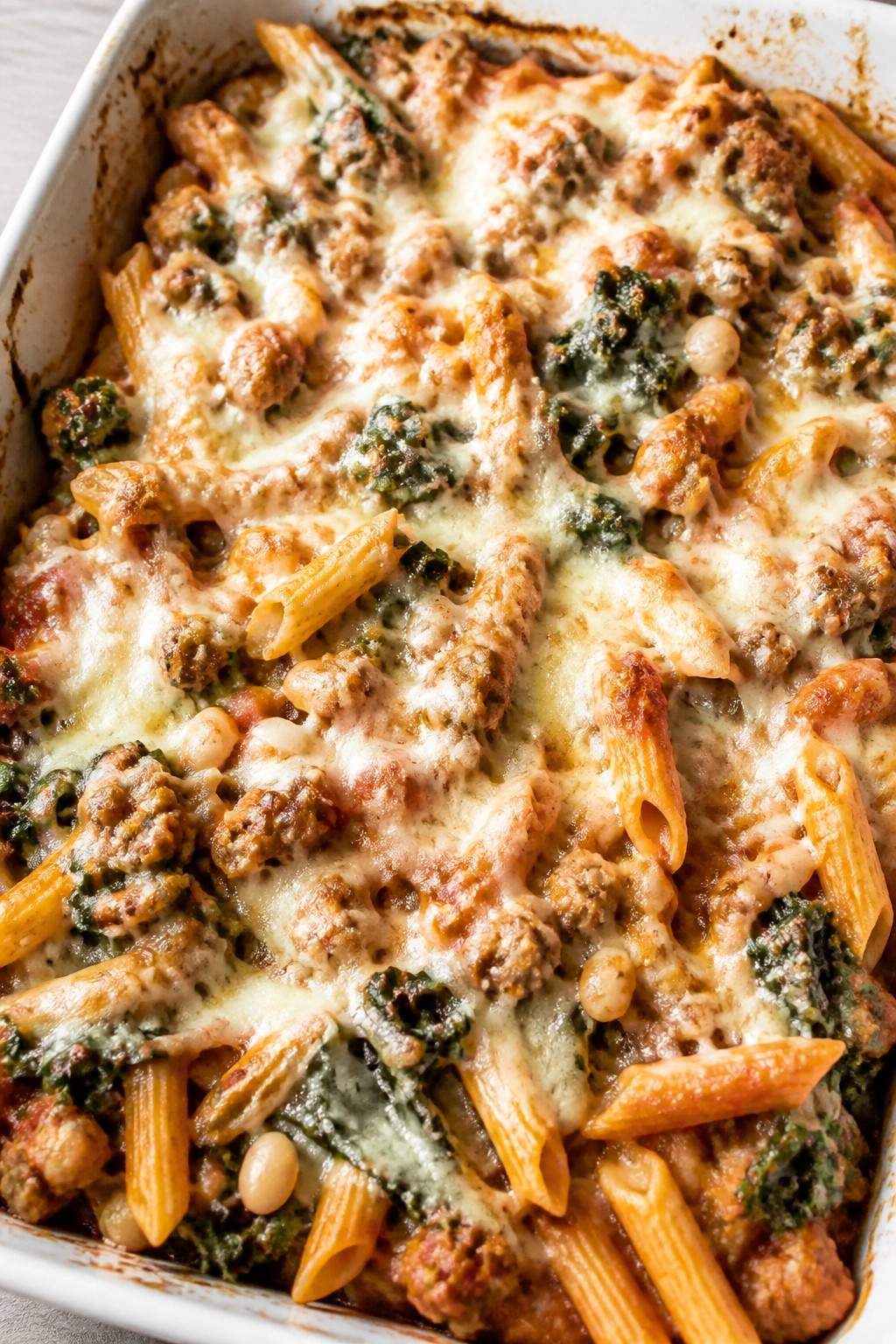 Turkey Sausage Kale and White Bean Pasta Casserole