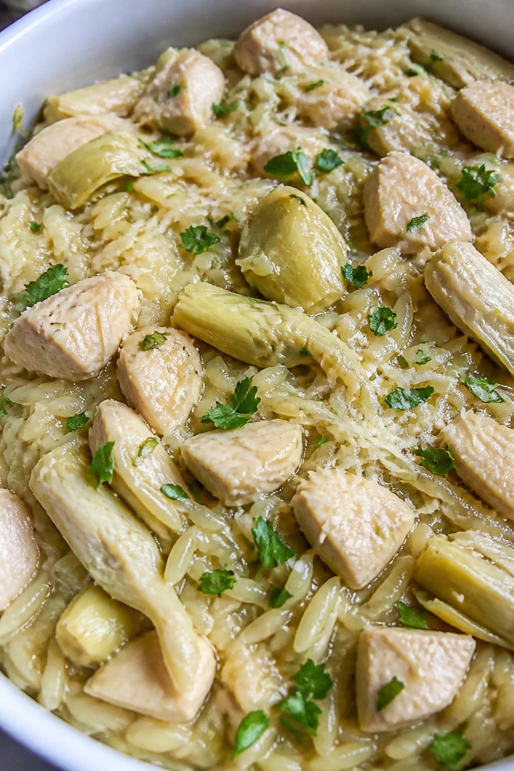 Lemon Artichoke Chicken Orzo Casserole