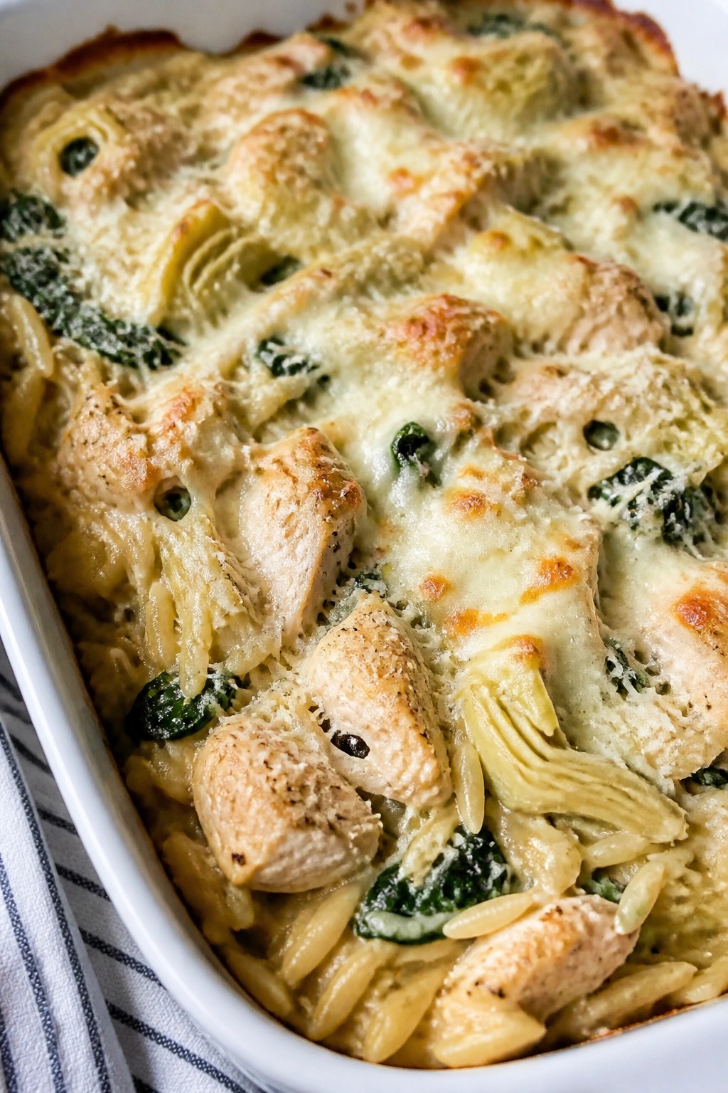 Spinach Artichoke Chicken and Orzo Casserole