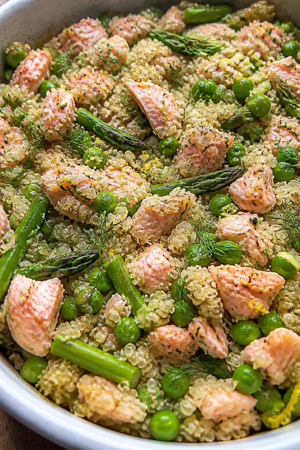 Salmon Asparagus and Pea Quinoa Casserole