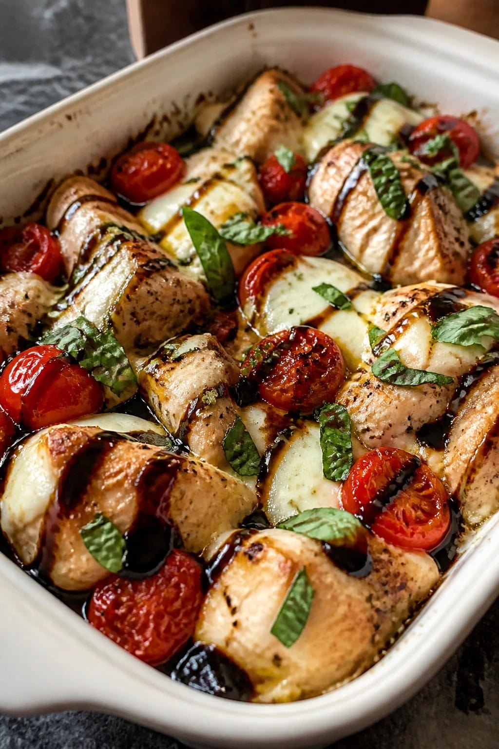 Caprese Chicken Casserole with Balsamic Drizzle
