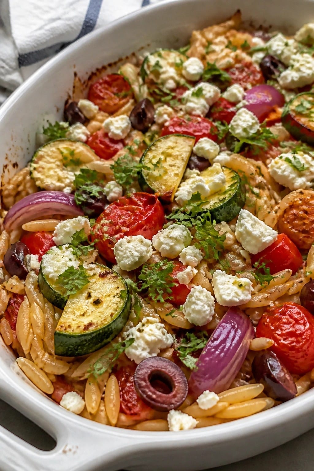 Greek Orzo with Feta, Olives, and Roasted Vegetables