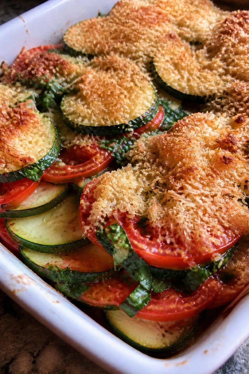 Zucchini Tomato Basil Bake with Crispy Breadcrumbs