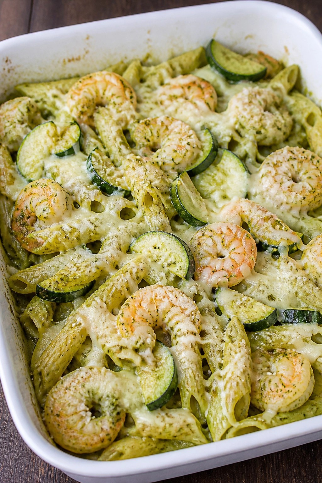 Pesto Shrimp and Zucchini Pasta Bake