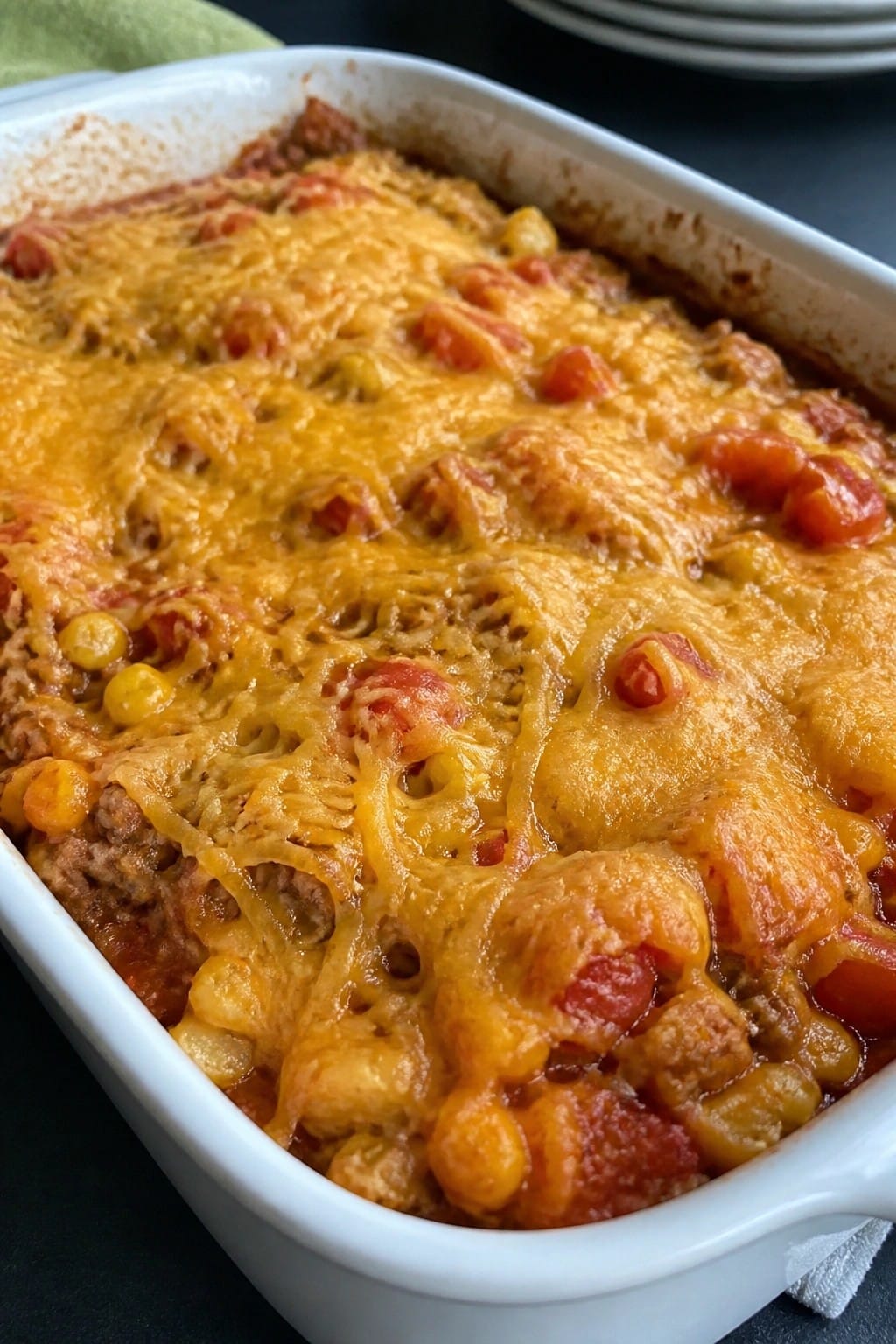 Corn Tomato Beef Enchilada Casserole