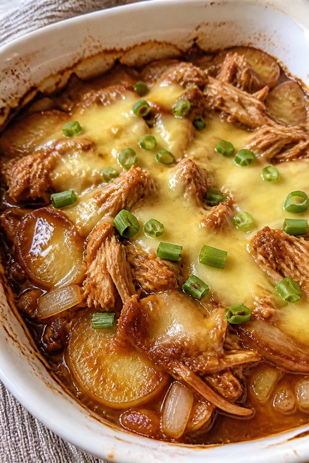BBQ Pulled Chicken Potato Casserole with Smoked Gouda