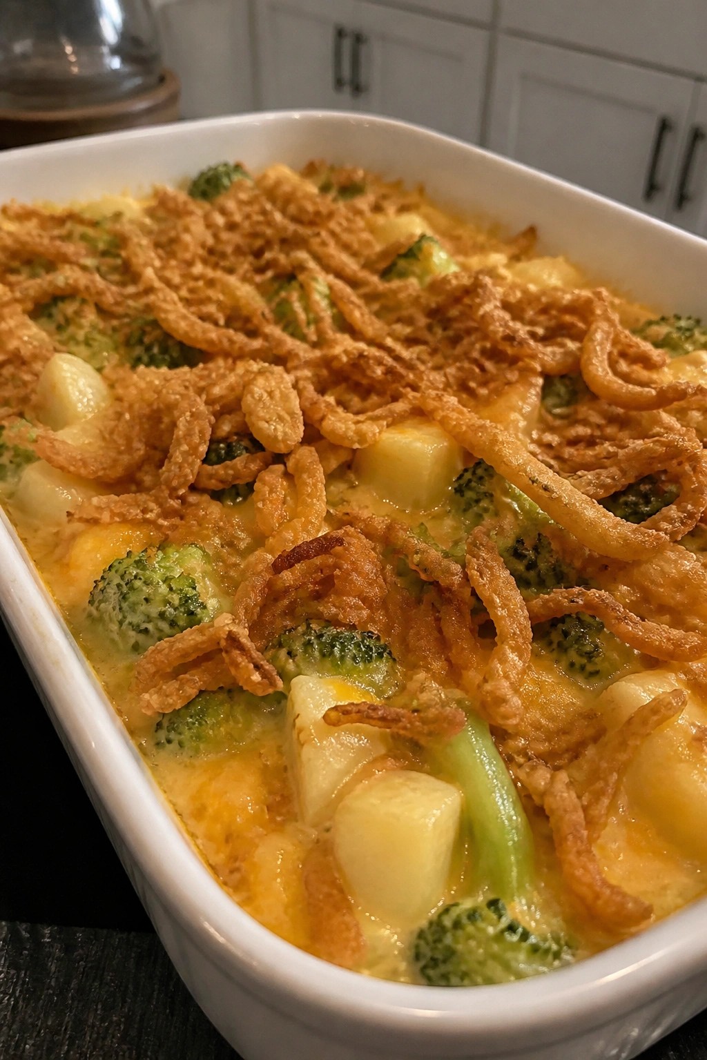 Broccoli Cheddar Potato Casserole with Crispy Onions
