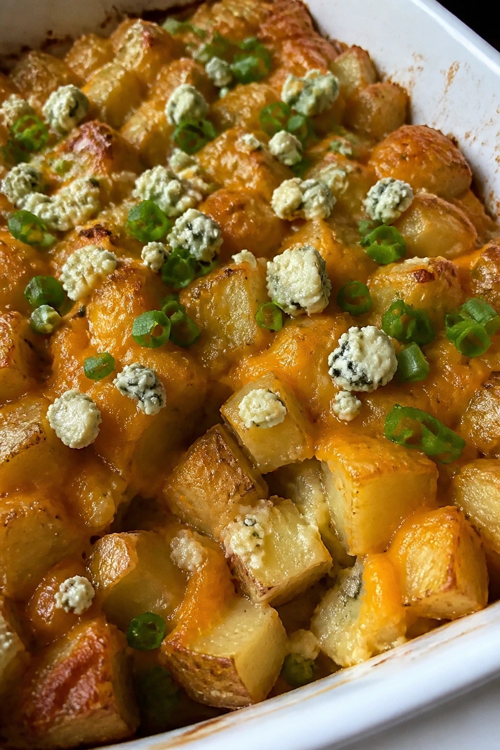 Buffalo Ranch Potato Casserole with Blue Cheese Crumbles