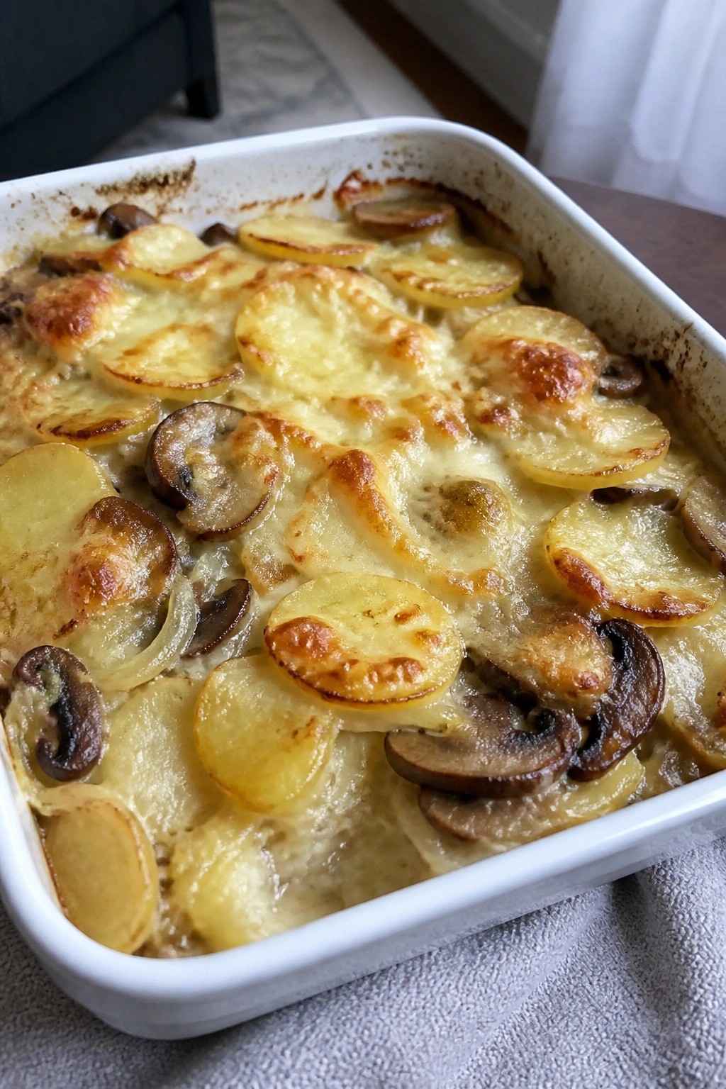 Mushroom and Caramelized Onion Potato Casserole with Fontina