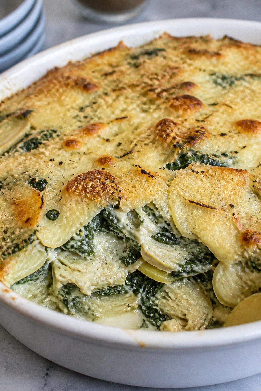 Spinach Artichoke Potato Casserole with Parmesan
