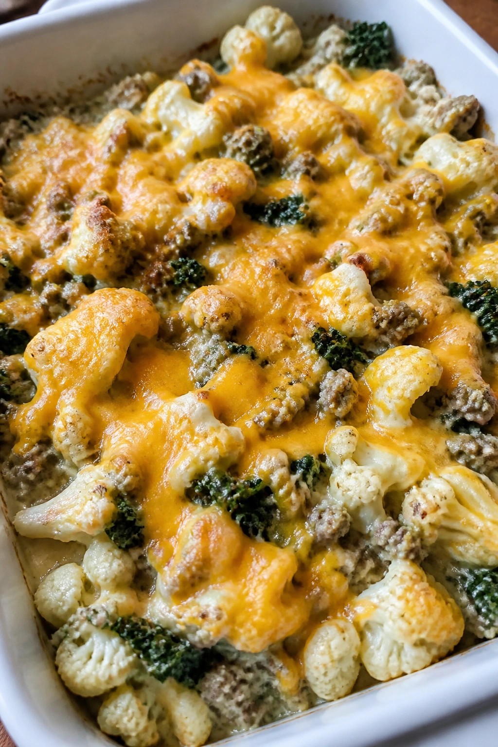Cheesy Sausage Cauliflower and Kale Casserole