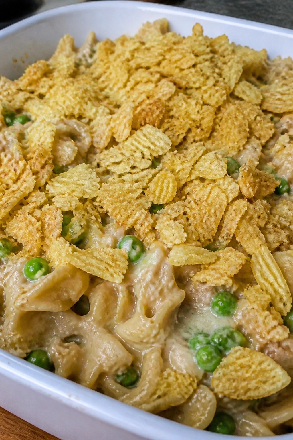 Tuna Noodle Casserole with Crispy Potato Chip Topping