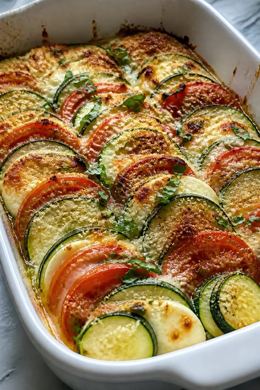 Caprese Basil Mozzarella Zucchini Gratin
