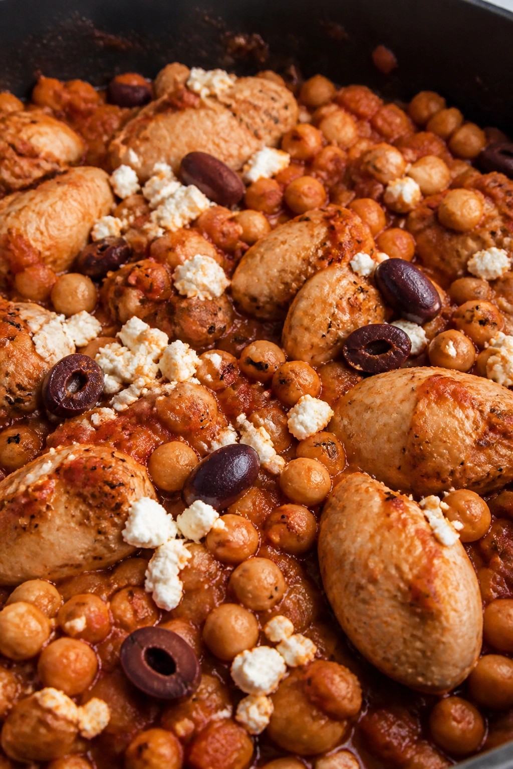 Mediterranean Chickpea and Chicken Casserole with Feta and Olives