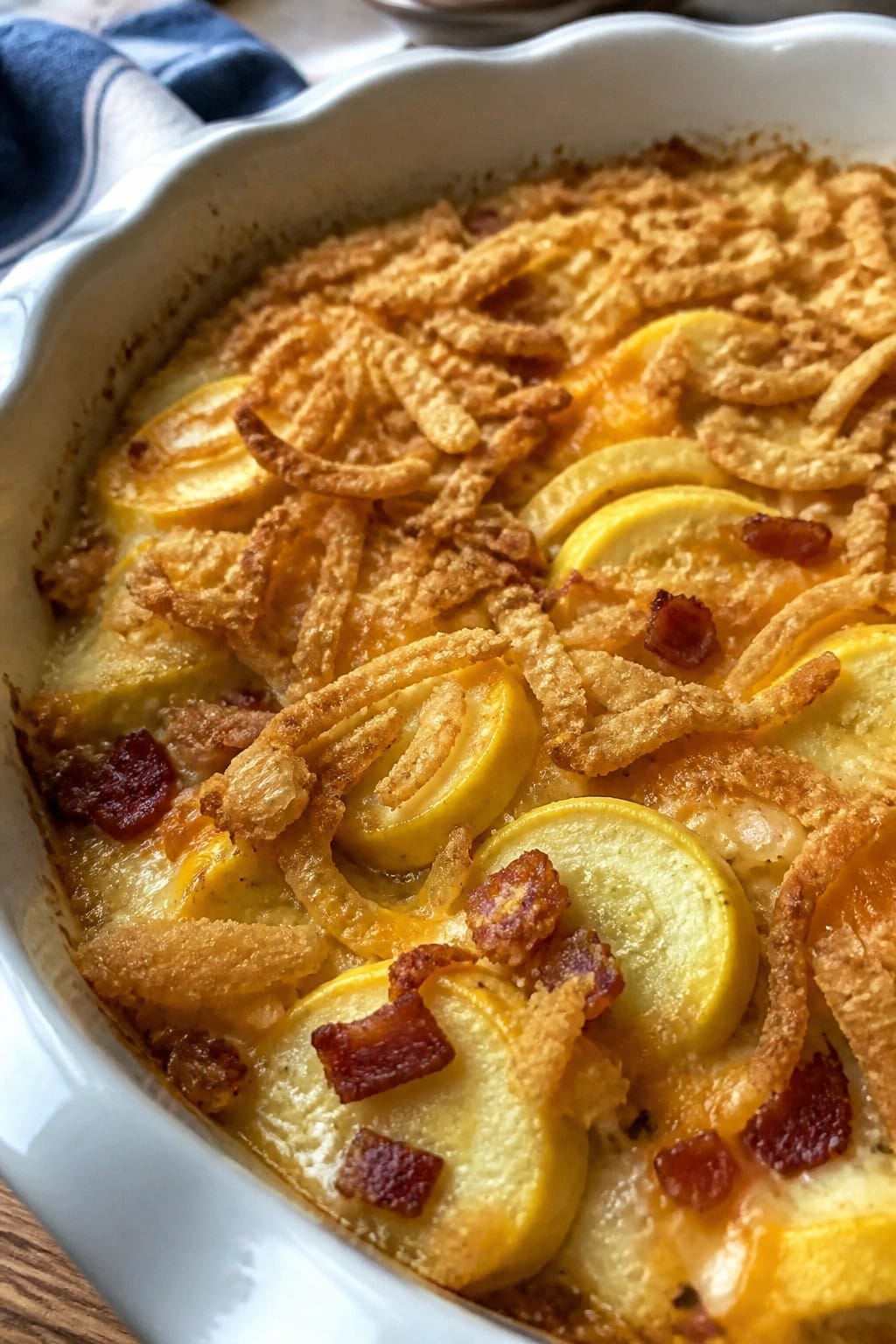 Bacon and Cheddar Yellow Squash Casserole with Caramelized Onions and Crispy Shallots
