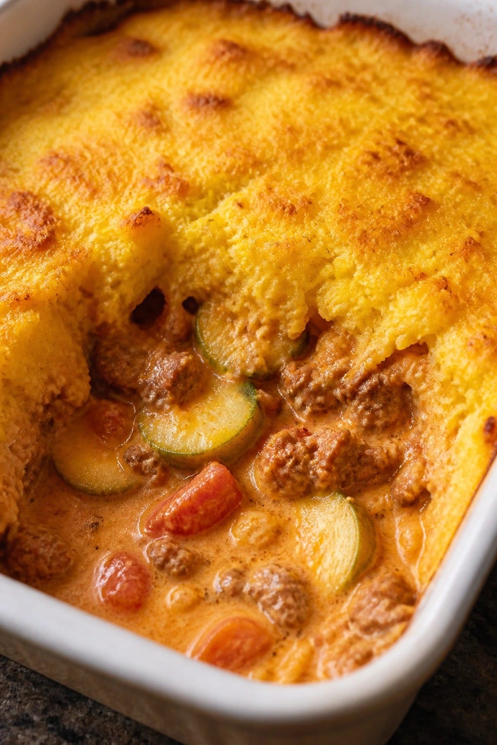 Beef and Tomato Summer Squash Casserole with Smoky Paprika Cream and Crispy Polenta Topping