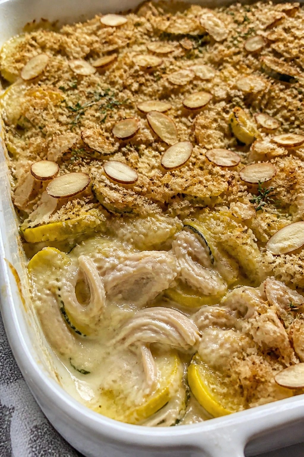 Chicken and Squash Casserole with White Wine Cream Sauce and Almond Crumble