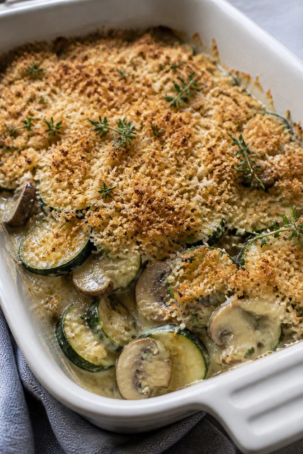 Creamy Mushroom and Zucchini Casserole with Thyme and Parmesan Panko
