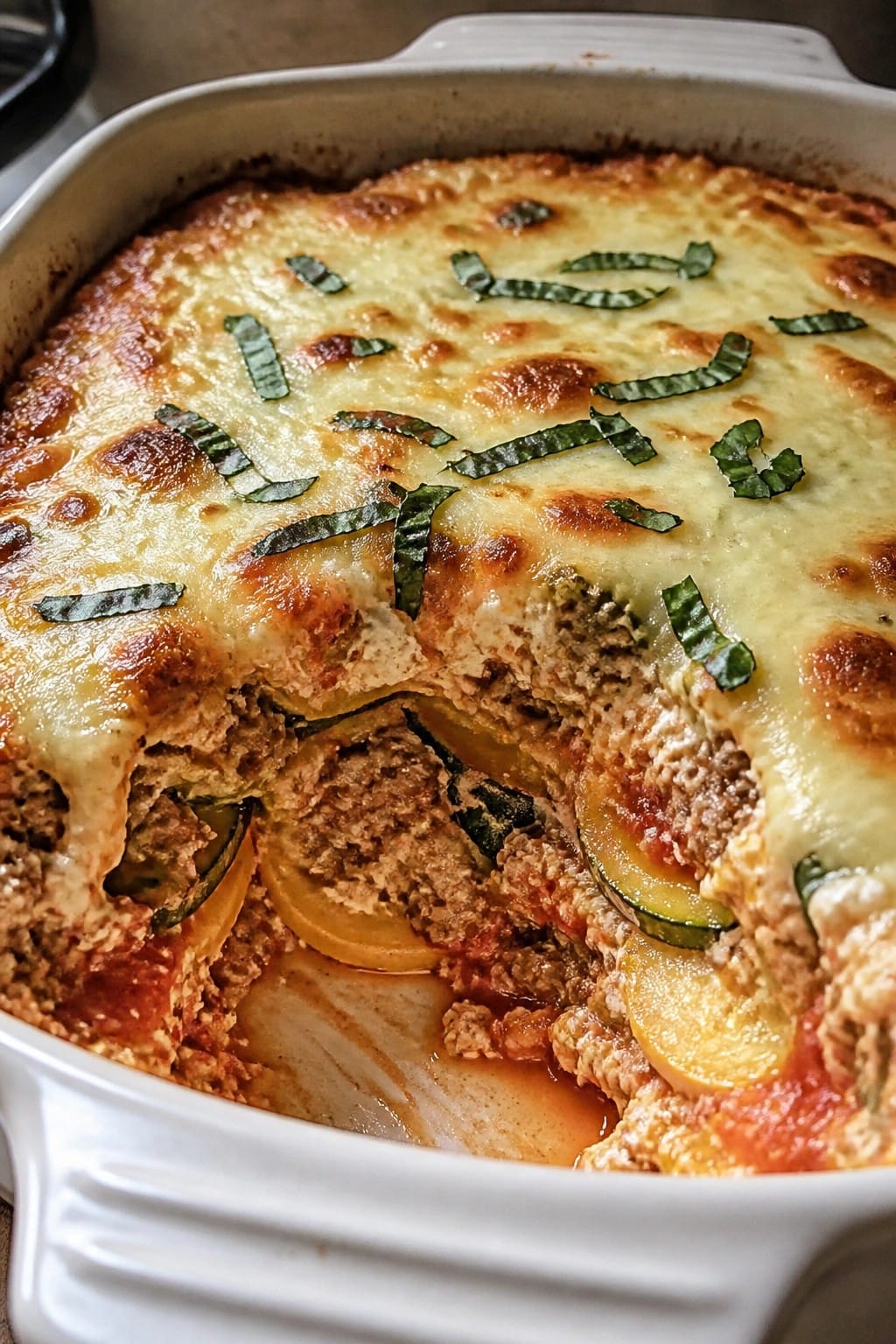 Italian Sausage Summer Squash Casserole with Tomato Basil Sauce and Mozzarella Crust