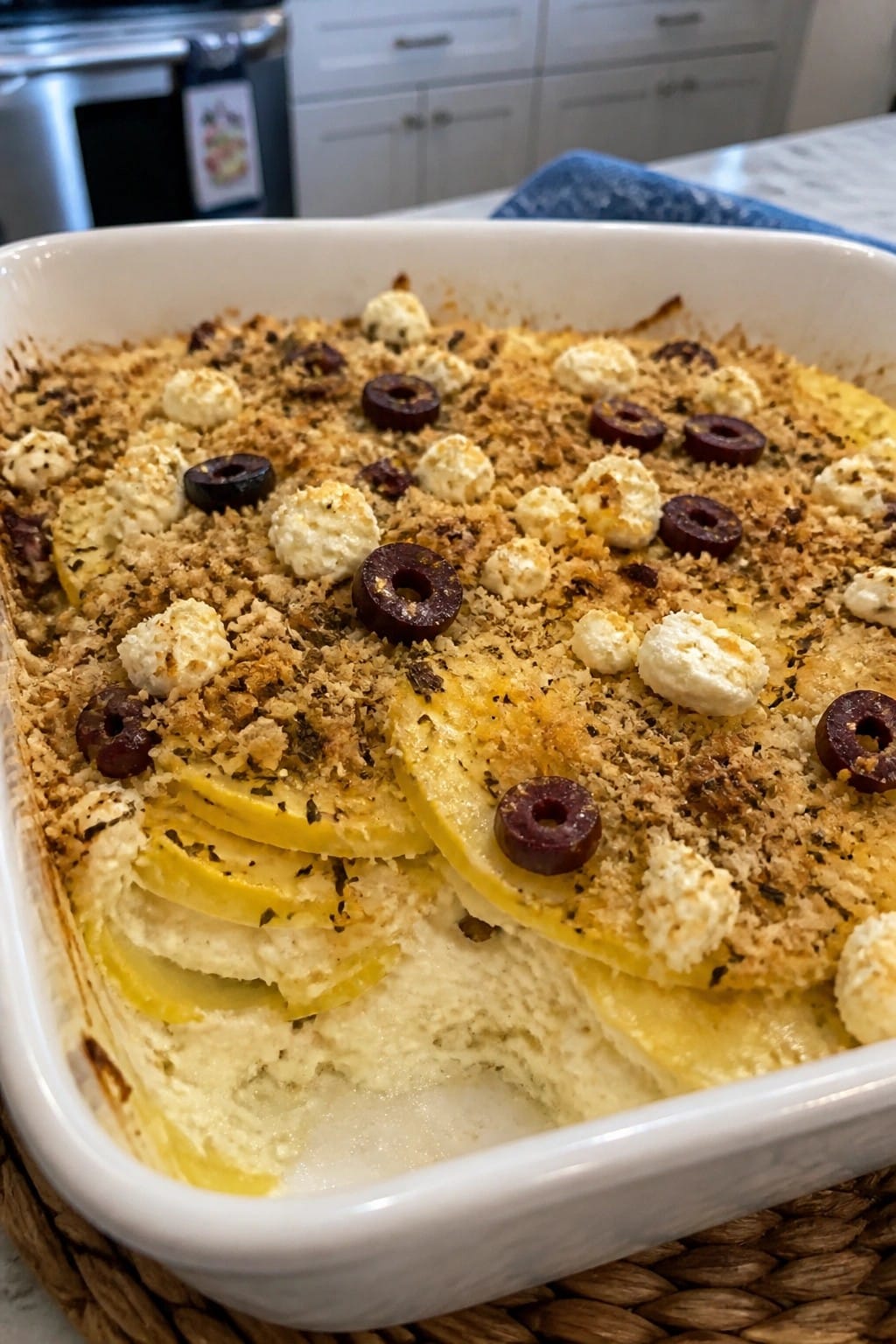 Mediterranean Summer Squash Casserole with Feta, Olives, and Lemon Garlic Center