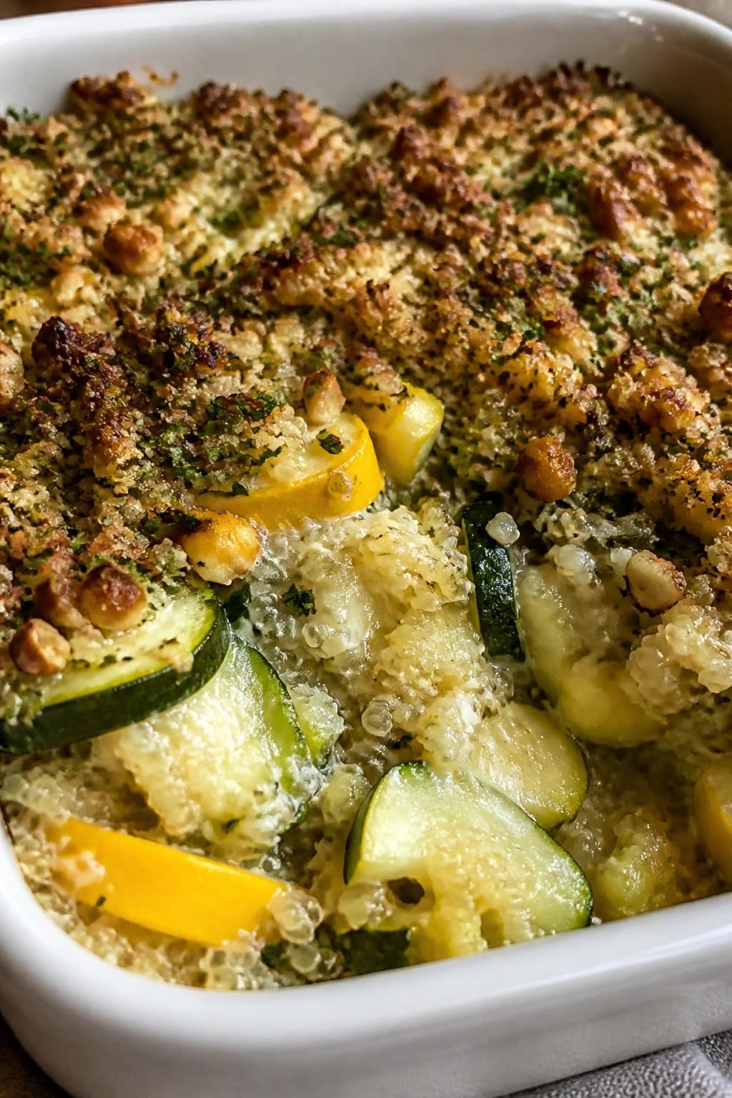 Quinoa and Summer Squash Casserole with Goat Cheese and Walnut Herb Crust